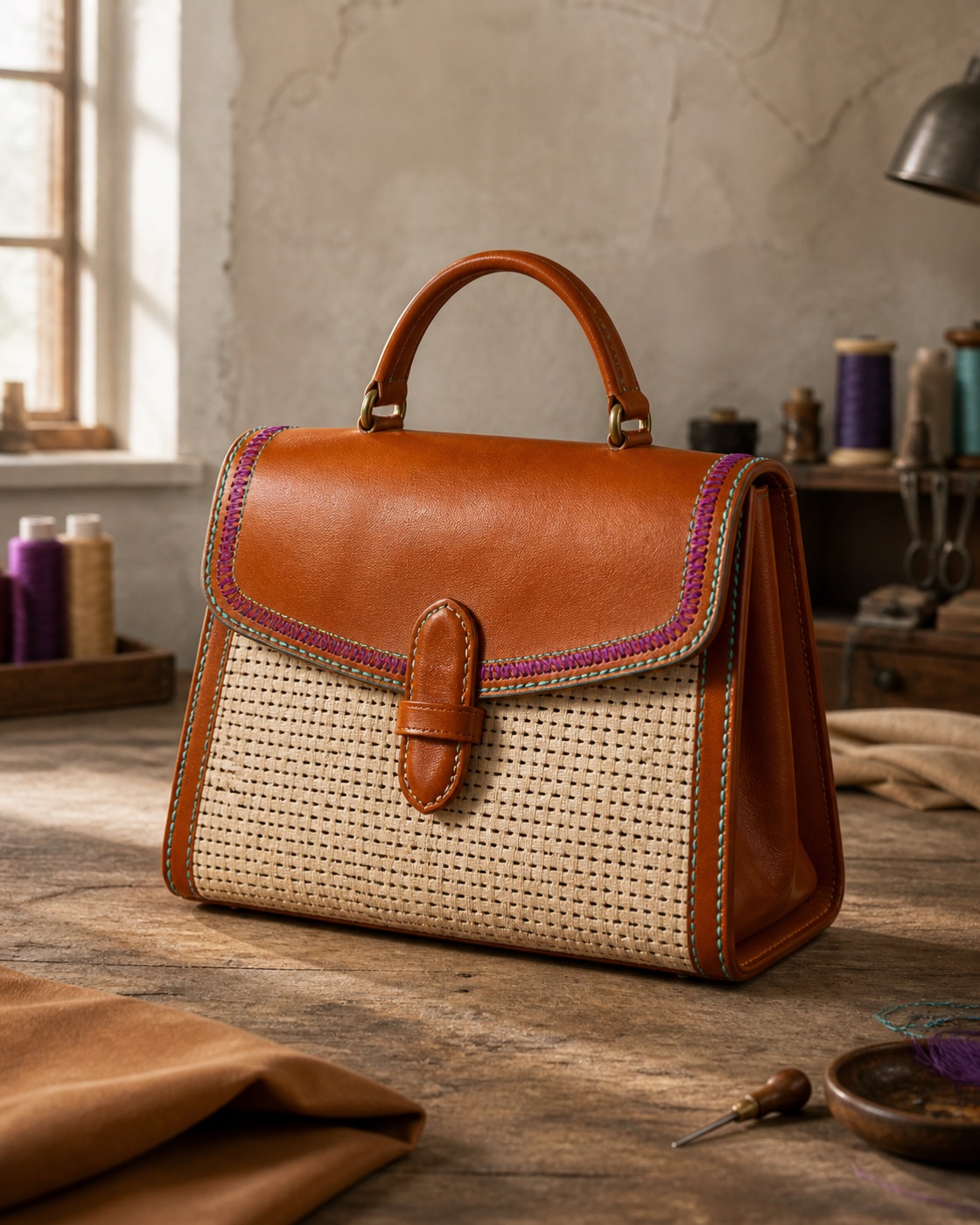 Borsa artigianale DV Creation in pelle e tessuto naturale